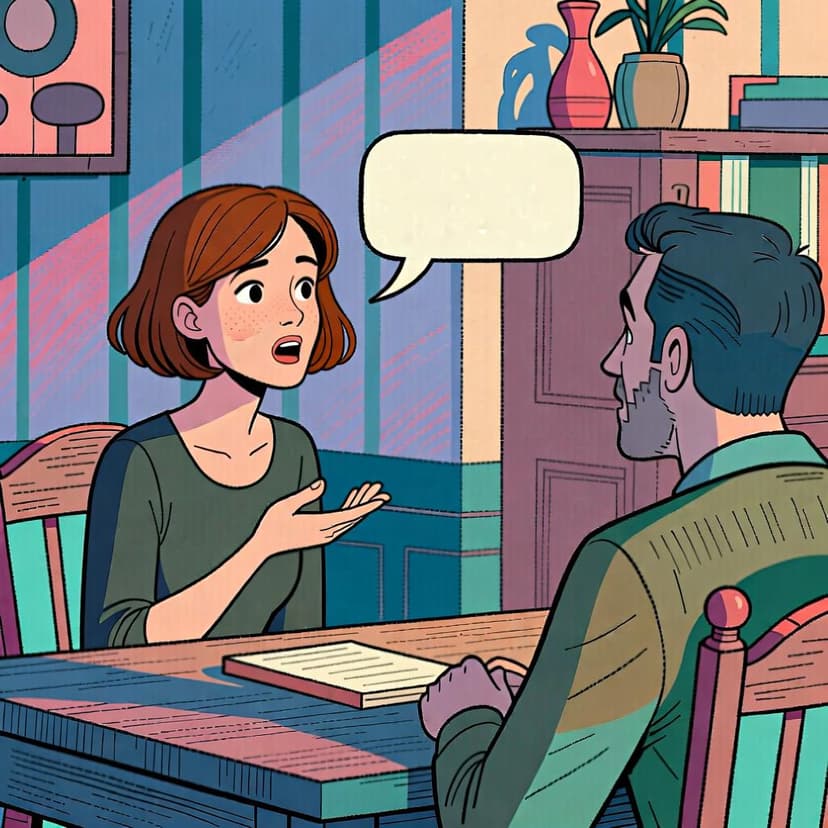 A person gesturing as if they have just finished speaking, with an empty speech bubble nearby to represent a past statement.