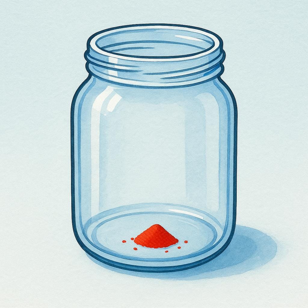 A clear glass jar that is nearly empty, showing only a small trace of bright red sand remaining at the bottom.