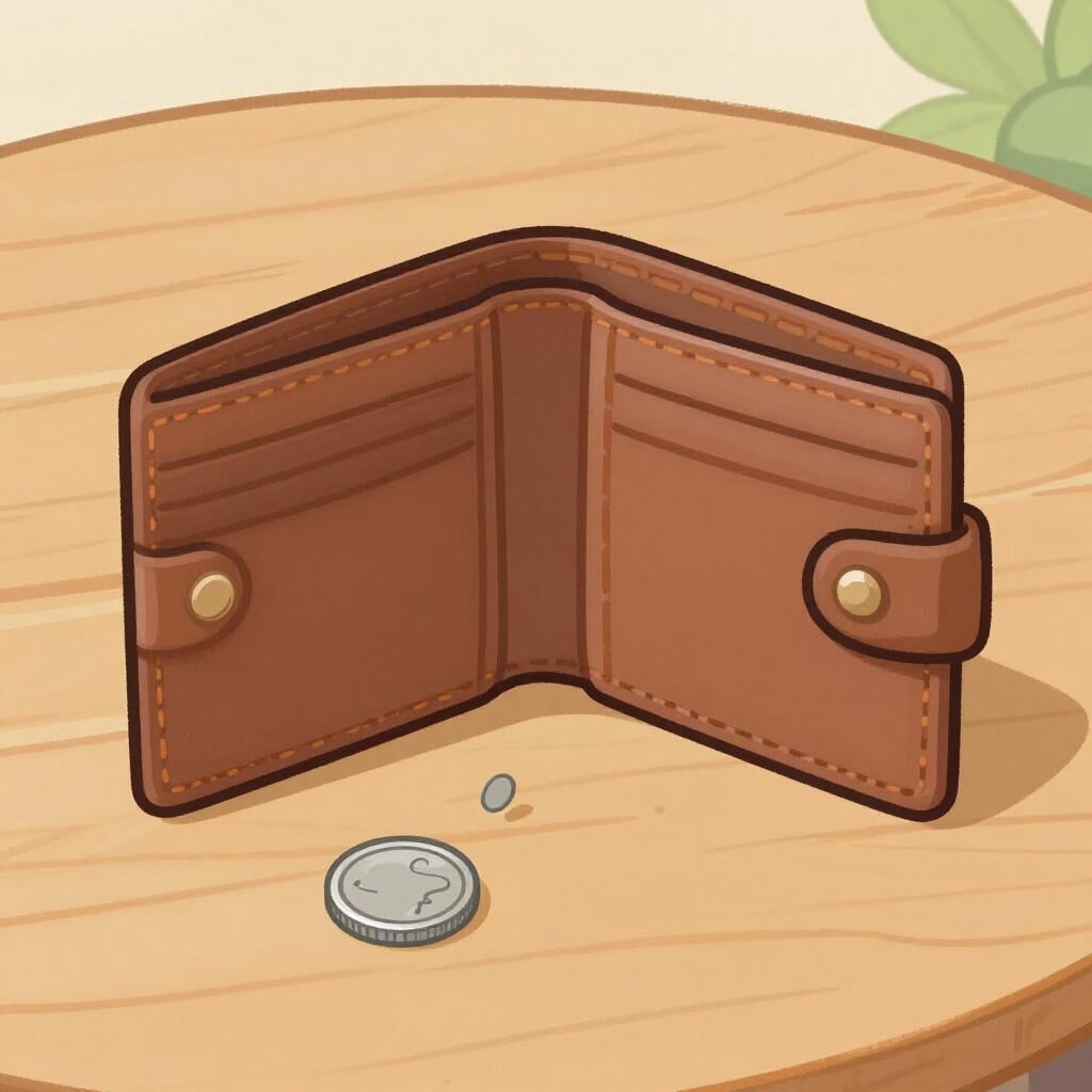 An empty leather wallet lying open on a table with a single coin falling out.