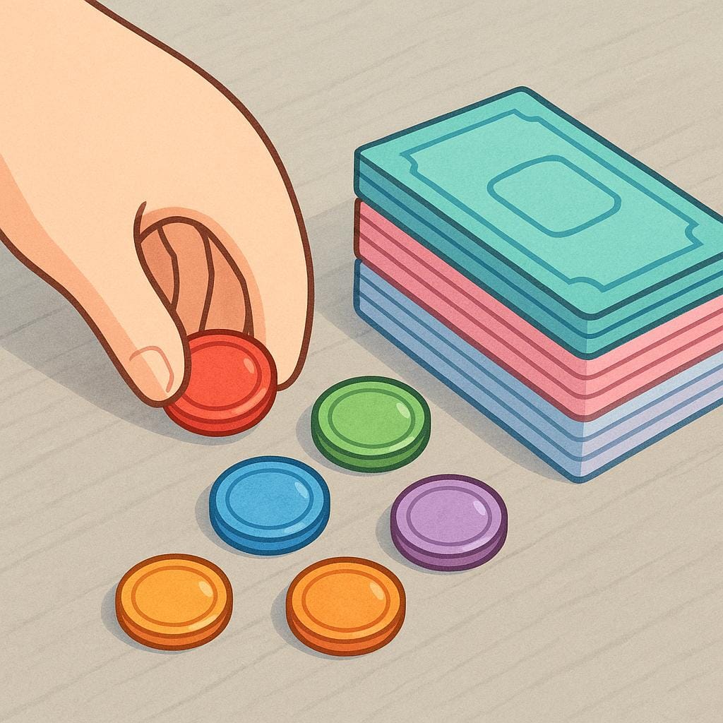 A hand placing several colorful coins next to a stack of colorful bills on a table, symbolizing payment.