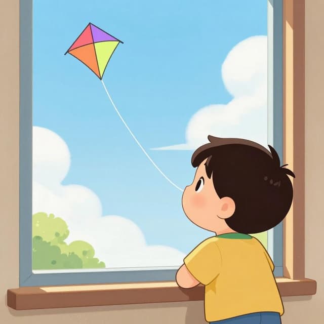 A child looking out a window at a distant, colorful kite flying in the sky.