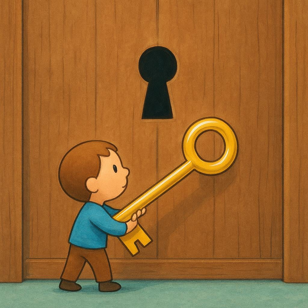 A small, determined figure is holding an oversized, shiny golden key, standing directly in front of a massive, simple wooden door with a prominent keyhole, symbolizing a required action.