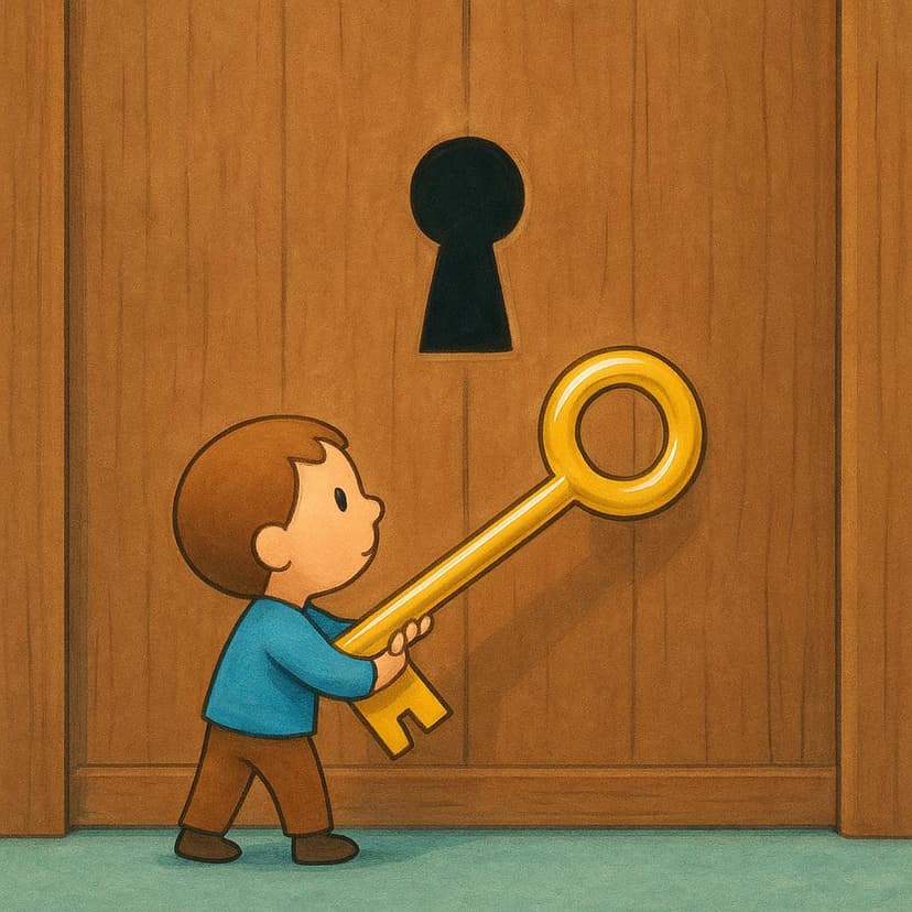 A small, determined figure is holding an oversized, shiny golden key, standing directly in front of a massive, simple wooden door with a prominent keyhole, symbolizing a required action.