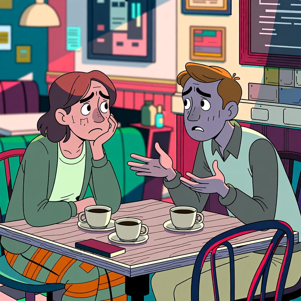 Two people sitting at a cafe table, looking concerned and talking seriously, with one person gesturing to explain a point.