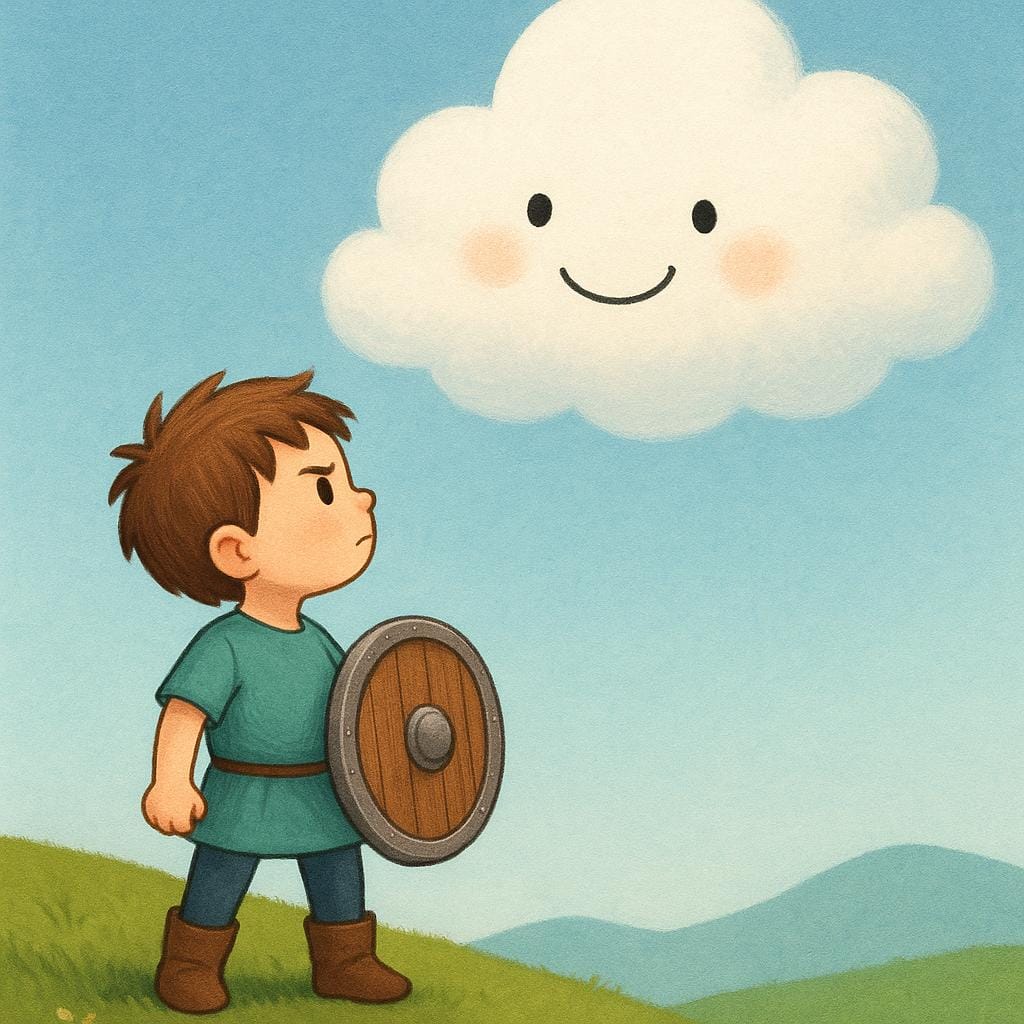 A small child standing bravely in front of a slightly intimidating but friendly-looking obstacle, holding a wooden shield.