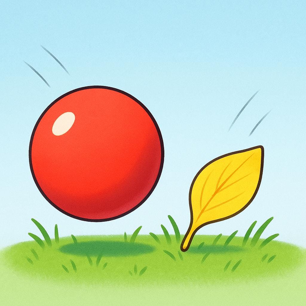 A brightly colored red bouncy ball and a single yellow flower petal have fallen simultaneously and landed side-by-side on a patch of green grass, illustrating a random coincidence.