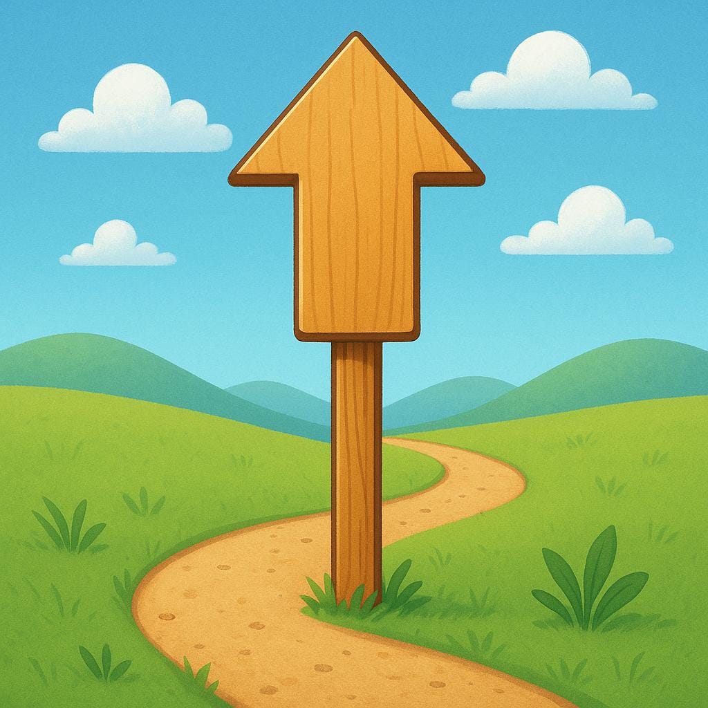Een kleurrijke kinderboekillustratie die een eenvoudig houten wegwijzer toont met een pijl die recht omhoog wijst, maar het modderpad eronder buigt scherp in de tegenovergestelde richting, wat een valse richting of bewering illustreert.