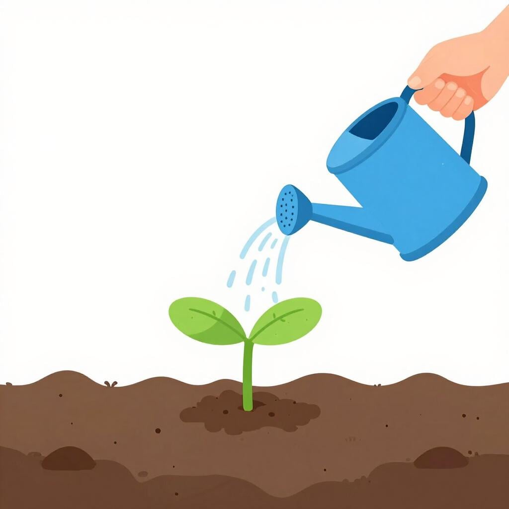 Eine kleine grüne Pflanze wird von einer Hand mit einer Gießkanne gegossen, was gesundes Wachstum zeigt.