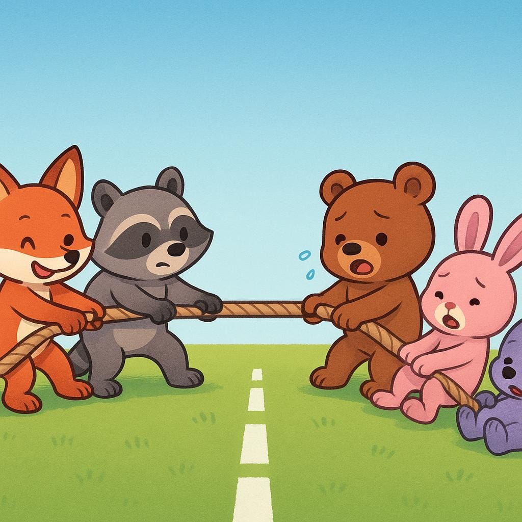 Two teams of cartoon animals playing tug-of-war. One team is clearly being pulled across the center line and looks exhausted, indicating they are the losing team.