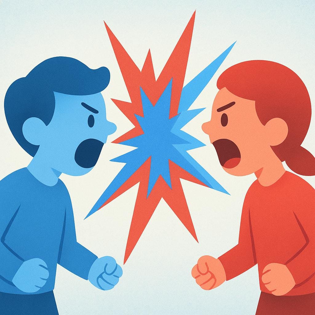 Twee gestileerde cartoonfiguren staan tegenover elkaar en schreeuwen naar elkaar met boze, gefrustreerde uitdrukkingen, wat een verhitte ruzie symboliseert.