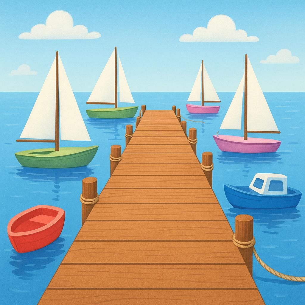 An illustration of a bustling marina with several colorful small sailboats and yachts tied to wooden piers in calm water.