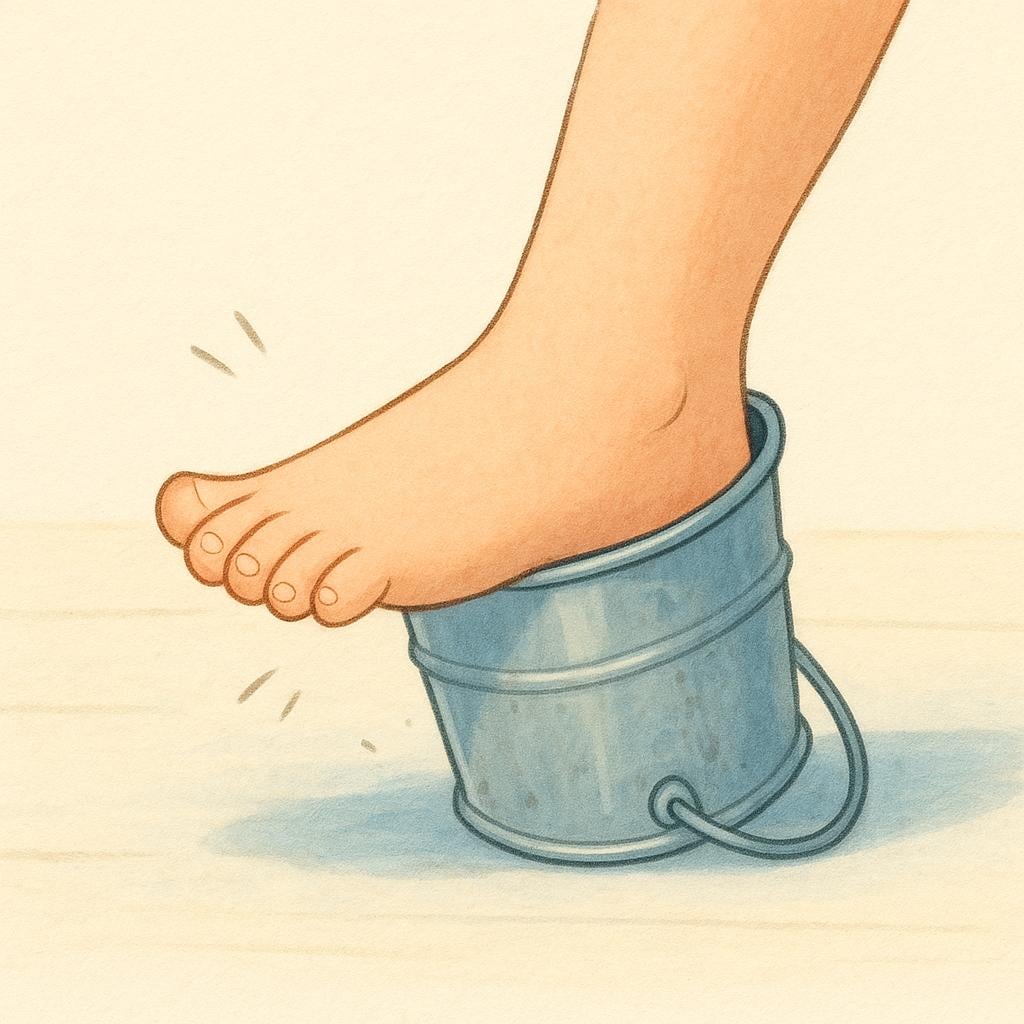 A clumsy human foot has accidentally stepped and is stuck inside a small, overturned metal bucket on a simple floor, illustrating a mistake.