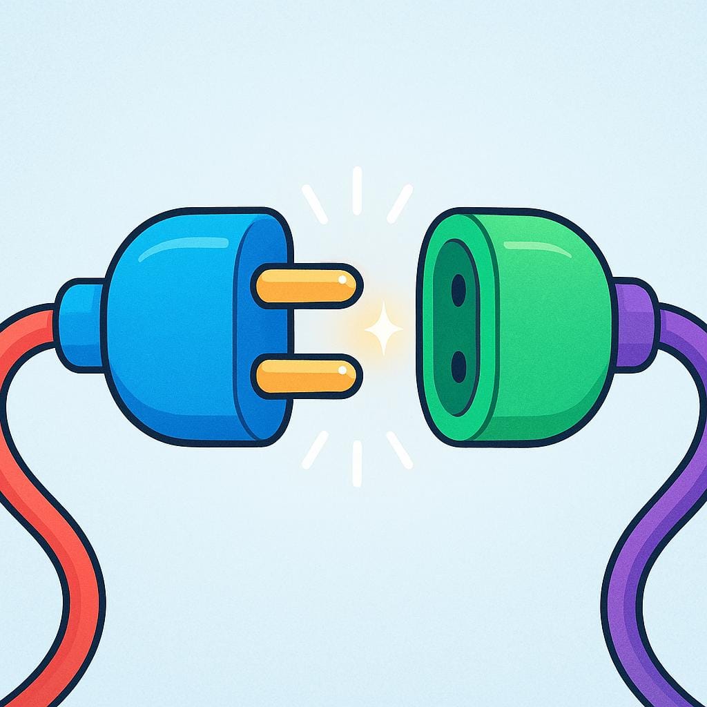 Uma ilustração simples mostrando duas pontas de um conector de fio colorido se encaixando perfeitamente, representando uma conexão física.