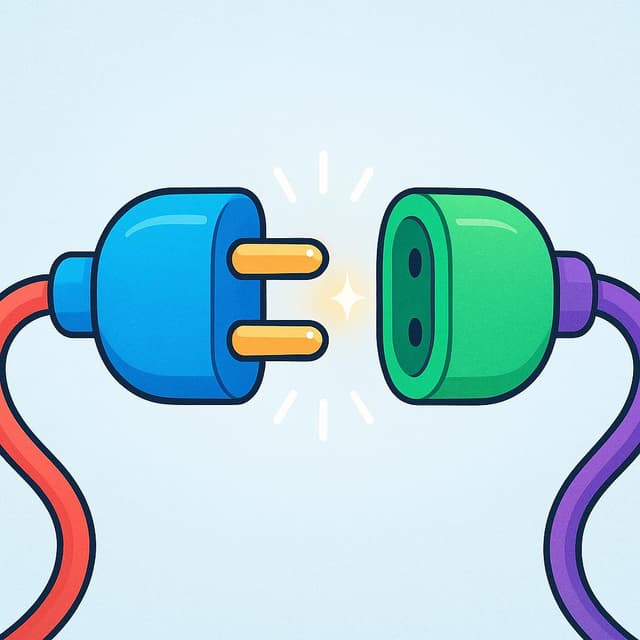A simple illustration showing two ends of a colorful wire connector fitting perfectly into each other, representing a physical connection.