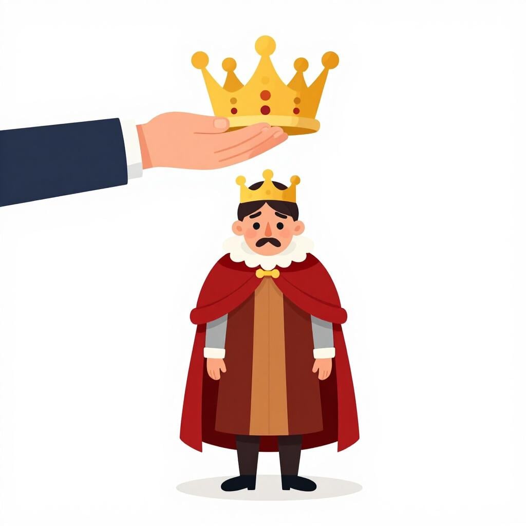 A king standing sadly as his crown and royal cape are taken away by a hand.