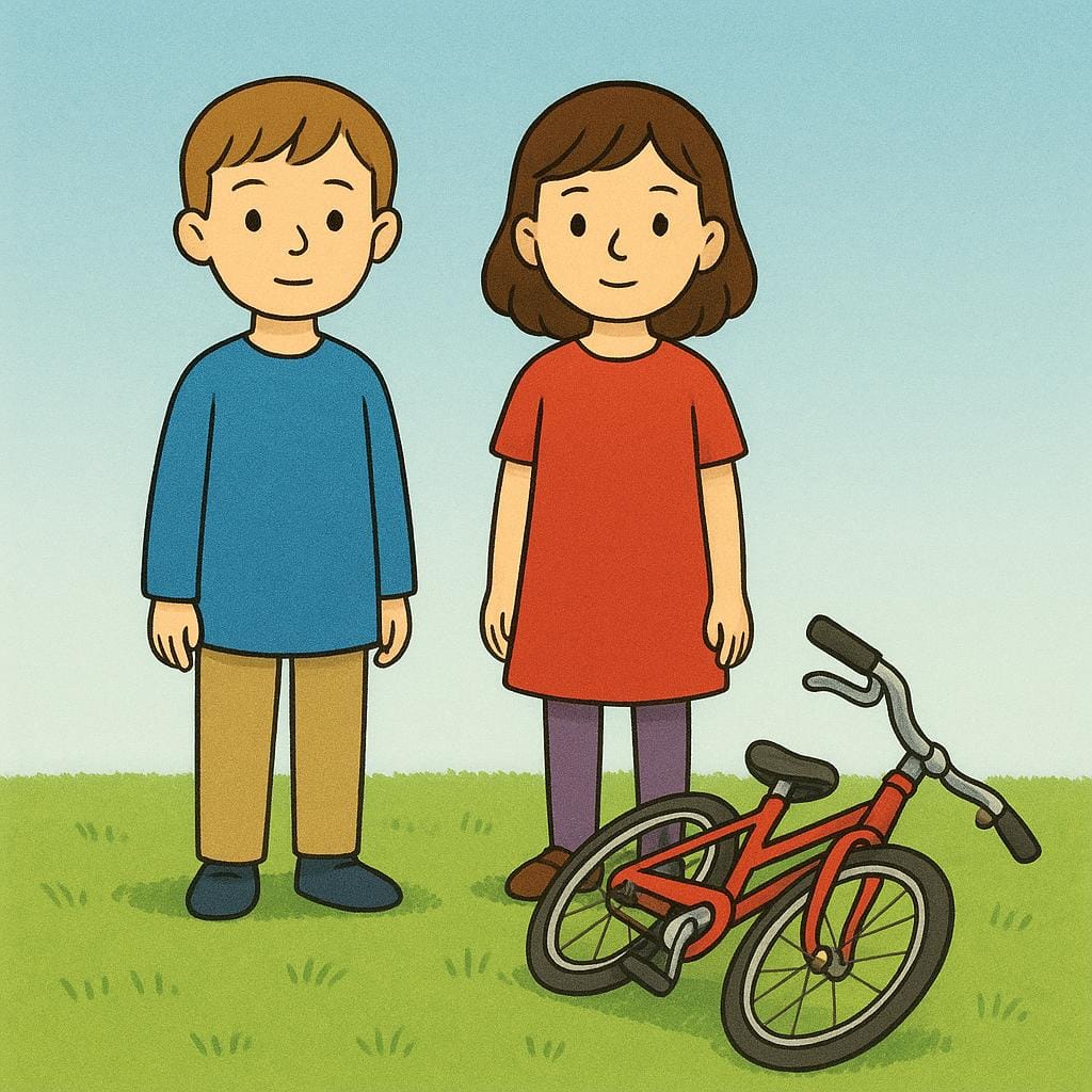 Two people standing completely still on a grassy field next to a bicycle lying on its side, indicating they have ceased riding.