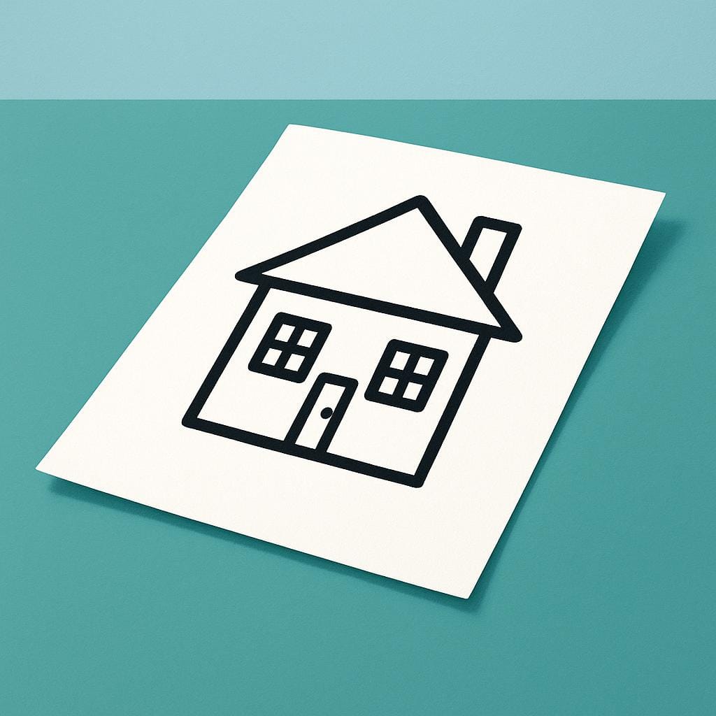A single sheet of paper lying flat, displaying a simple printed image of a house, representing a physical printout.