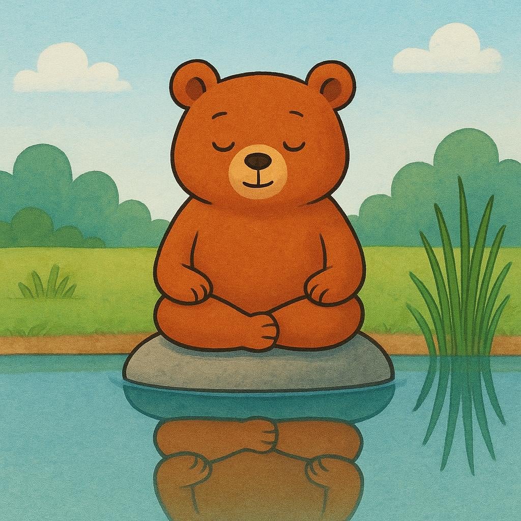 A friendly cartoon bear sitting perfectly still and composed in a meditative pose next to a calm pond.