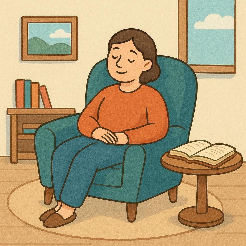 Eine Person sitzt entspannt in einem gemütlichen Sessel neben einem kleinen Tisch mit einem Buch und zeigt an, dass sie sich entscheidet zu bleiben oder zu verweilen.