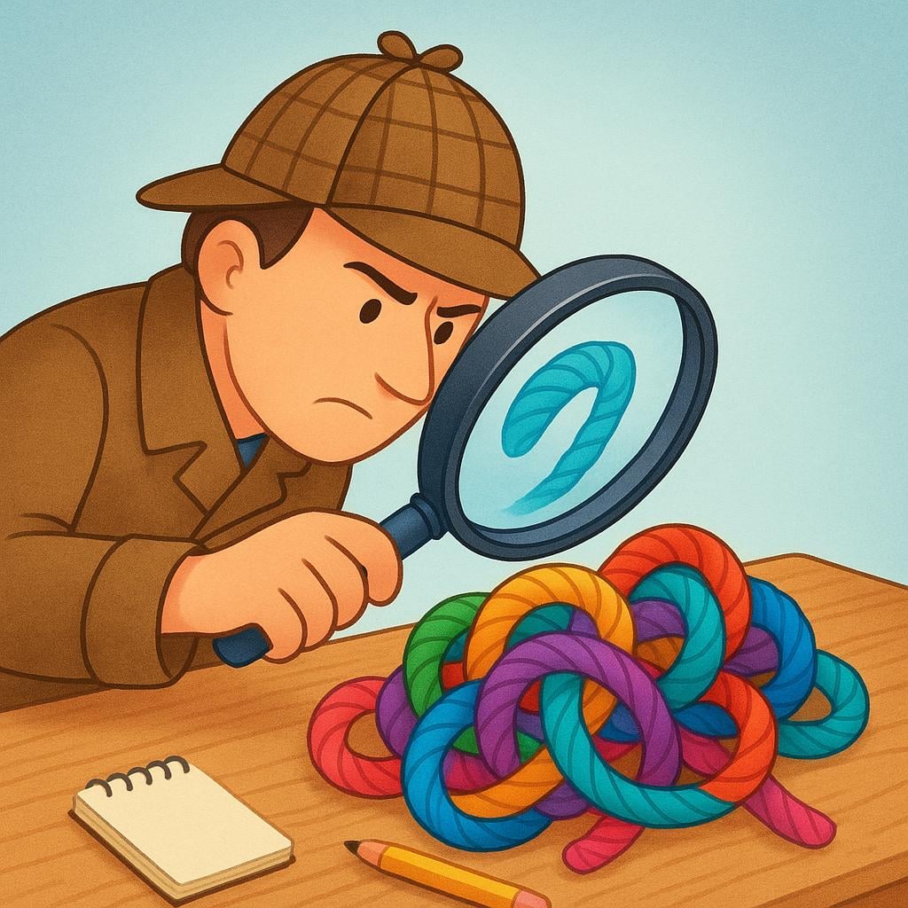 A person wearing a detective hat holds a giant magnifying glass over a tangled, multicolored knot of ropes on a wooden desk, intensely focused on finding the solution.