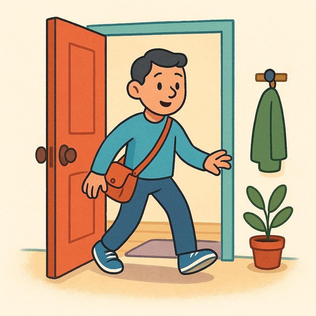 A cartoon figure arriving, stepping through an open doorway and showing up at a location.