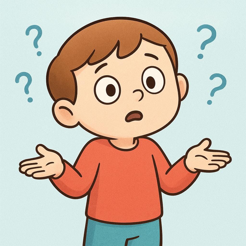 A simple storybook illustration of a child with a puzzled expression, scratching their head and shrugging their shoulders, indicating confusion.