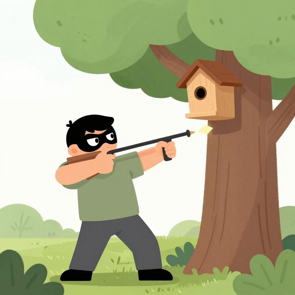 Eine Person mit einer Maske versteckt sich hinter einem Baum und hält eine Schleuder, während sie auf ein Vogelhaus schaut.