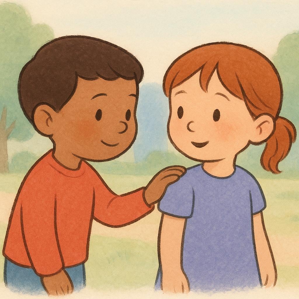 A colorful storybook illustration showing a boy gently tapping a girl on the shoulder, illustrating an action directed at someone.