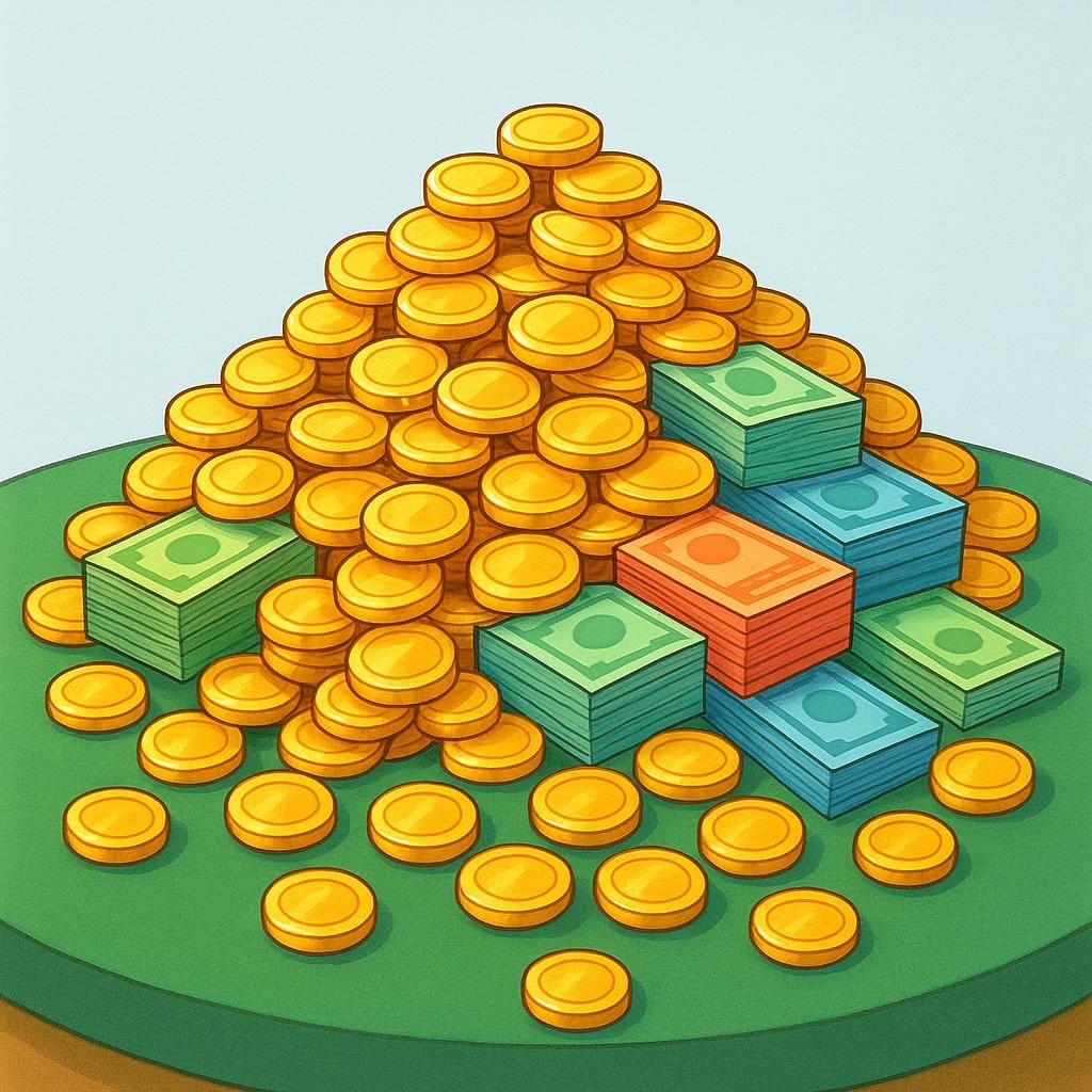 An enormous, overflowing pile of shiny gold coins and stacks of crisp paper currency resting on a simple green felt table.