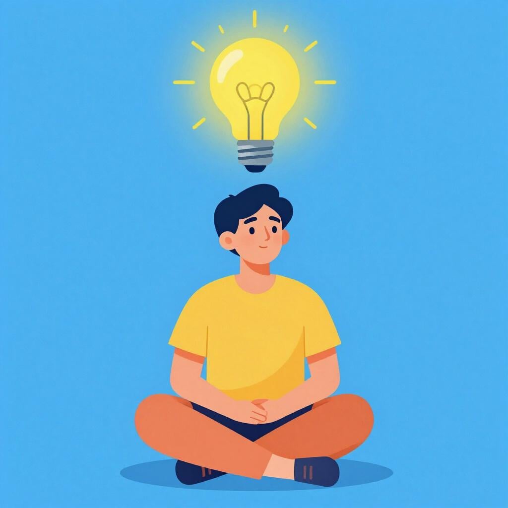 A person sitting peacefully with a glowing light bulb floating above their head, symbolizing a bright idea or knowledge.