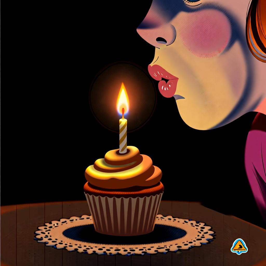 誕生日ケーキのろうそくを吹き消し、願い事をする人。