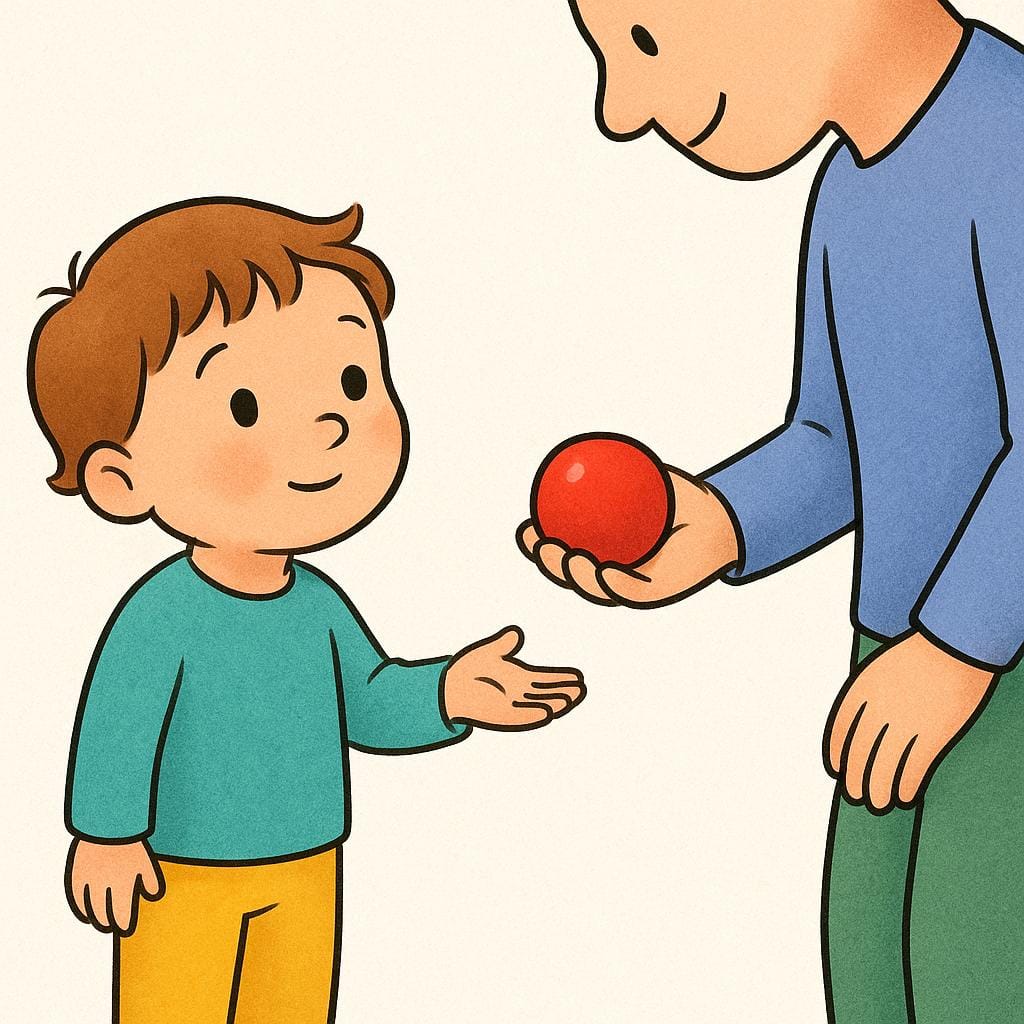 A storybook illustration showing a young child looking up at an adult, holding out an empty hand toward the adult in a gesture of asking for a small toy or object.