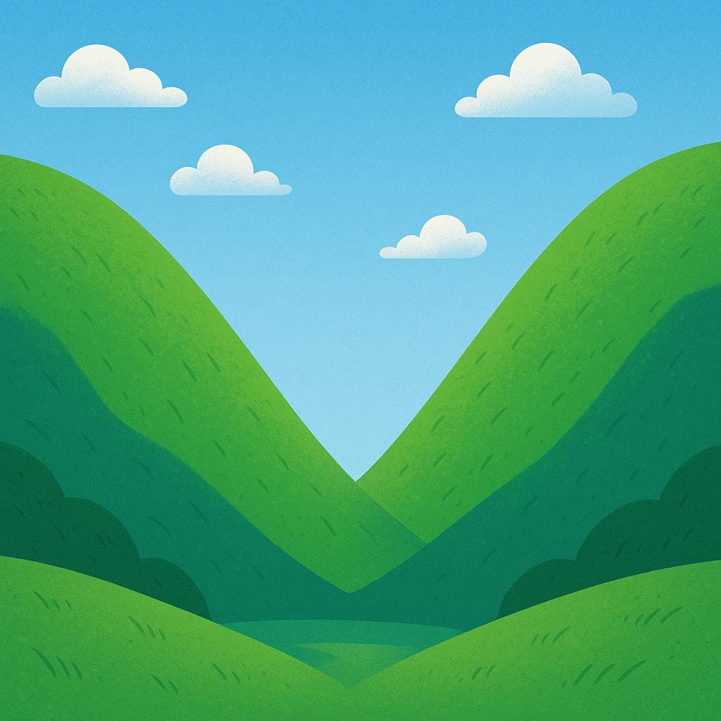 A visual representation of a geographical gap: two large green hills separated by a narrow, clear path or opening.