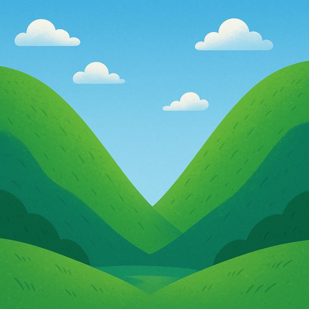 Eine visuelle Darstellung einer geografischen Lücke: zwei große grüne Hügel, getrennt durch einen schmalen, klaren Pfad oder eine Öffnung.