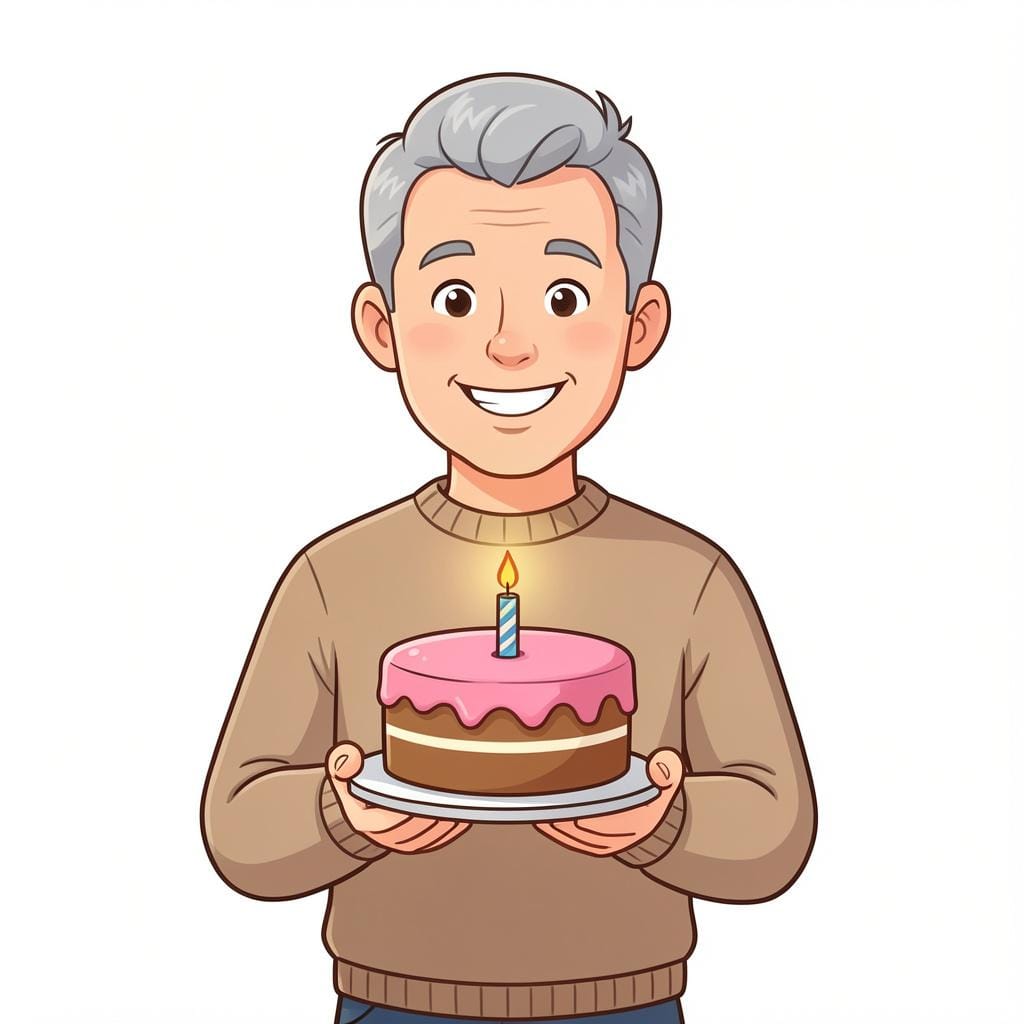 A happy man with grey hair on his temples smiling while holding a birthday cake.