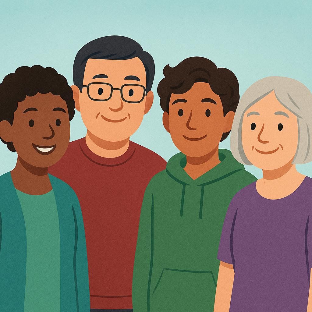 A simple illustration of four diverse people (two adults, two children) standing closely together and smiling, representing a social group or association.