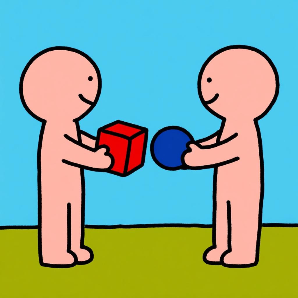 Two friendly cartoon figures facing each other, actively exchanging two distinct objects: one is handing over a red cube while receiving a blue sphere from the other.