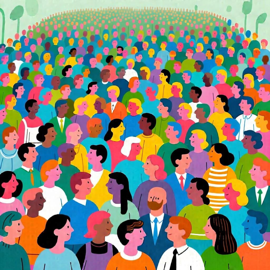A vast, diverse crowd of stylized human figures representing all of humanity.