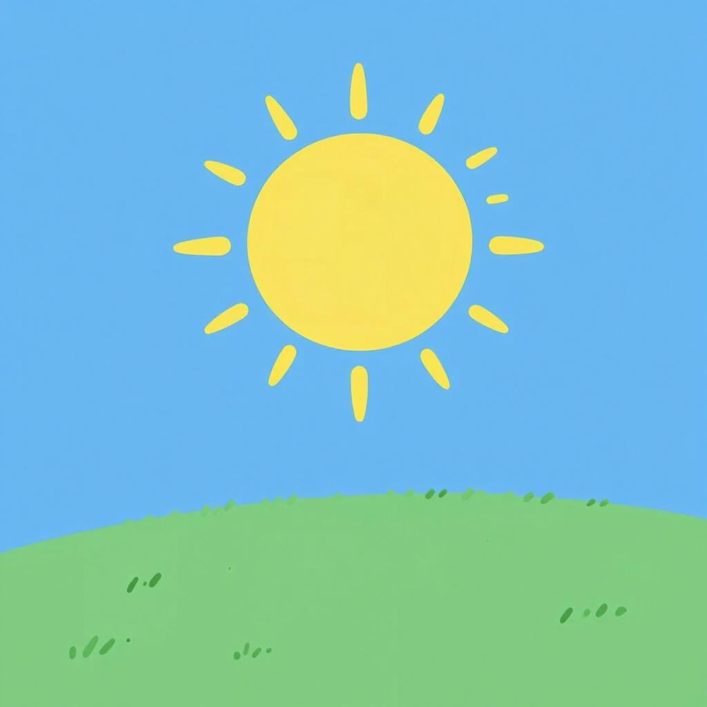 A bright yellow sun shining in a clear blue sky above a green hill.