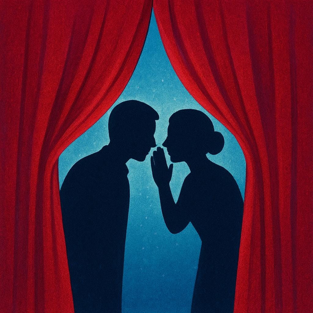 Two figures standing close together, whispering conspiratorially behind a large, decorative curtain, suggesting a secret romantic meeting.
