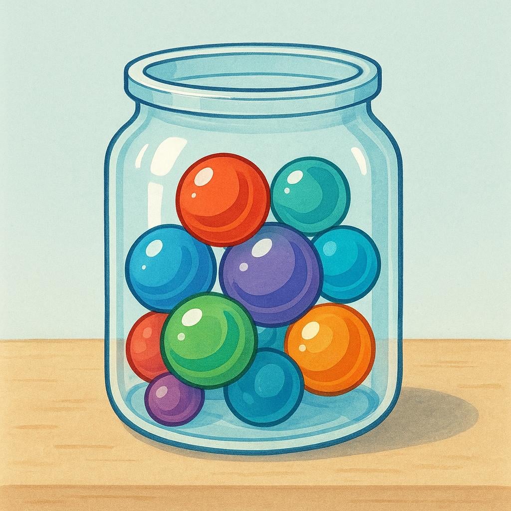A transparent glass jar filled with brightly colored glass marbles sitting on a flat surface.