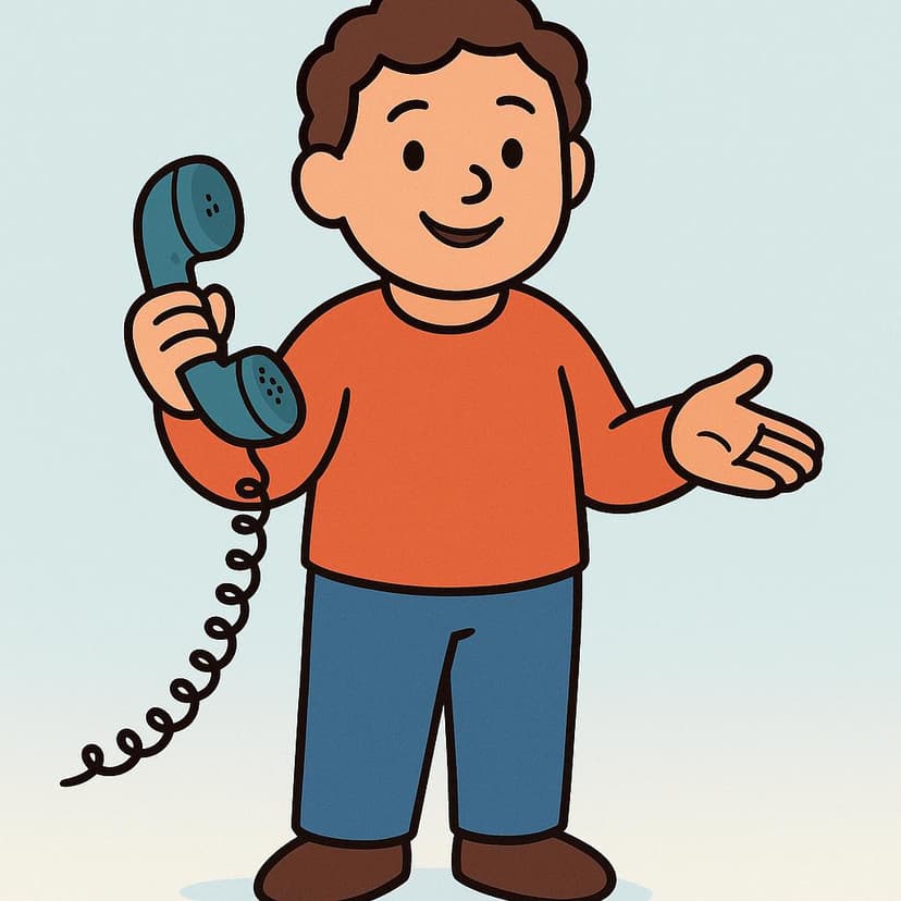 A friendly illustrated character standing and holding a classic telephone receiver, while extending their free hand forward in an open, welcoming gesture, suggesting they should be called.