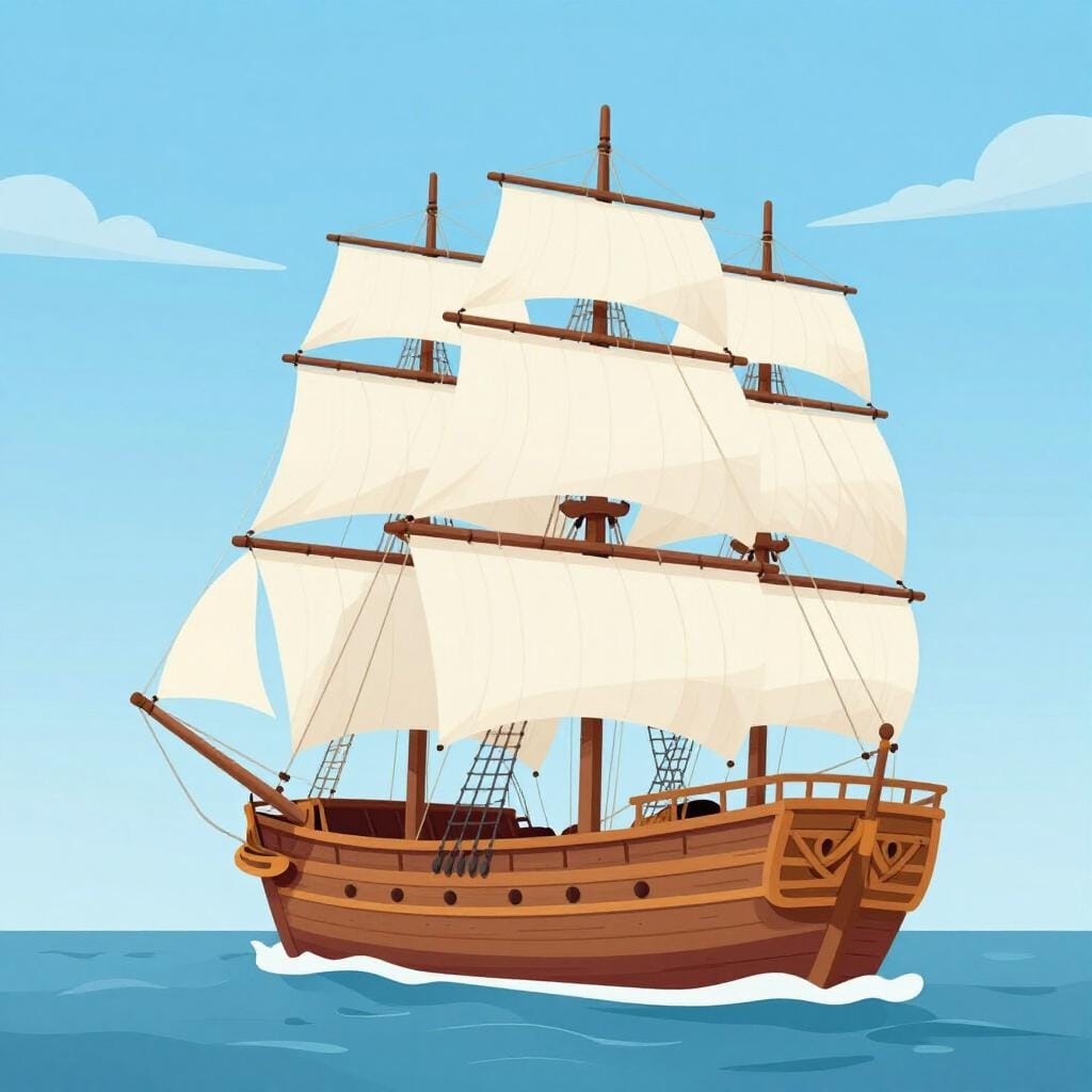 Ein großes hölzernes dreimastiges Segelschiff mit weißen Segeln auf einem ruhigen blauen Meer.