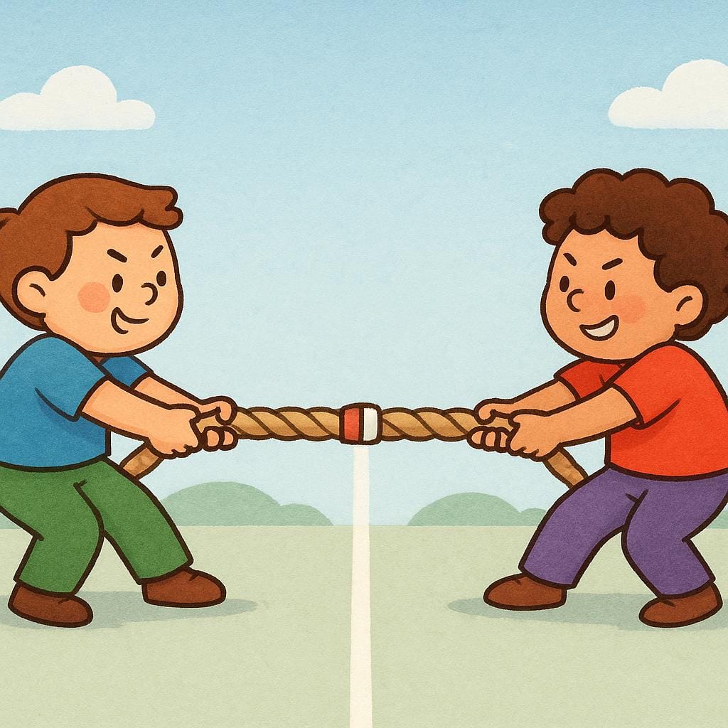 An illustration of two cartoon figures locked in a tug-of-war where neither side is gaining ground, symbolizing a draw or tied game.