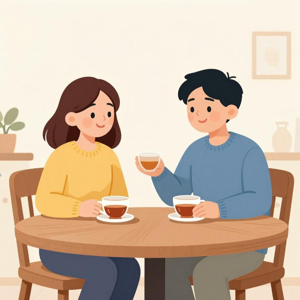 Two people sitting at a table sharing tea and smiling at each other politely.