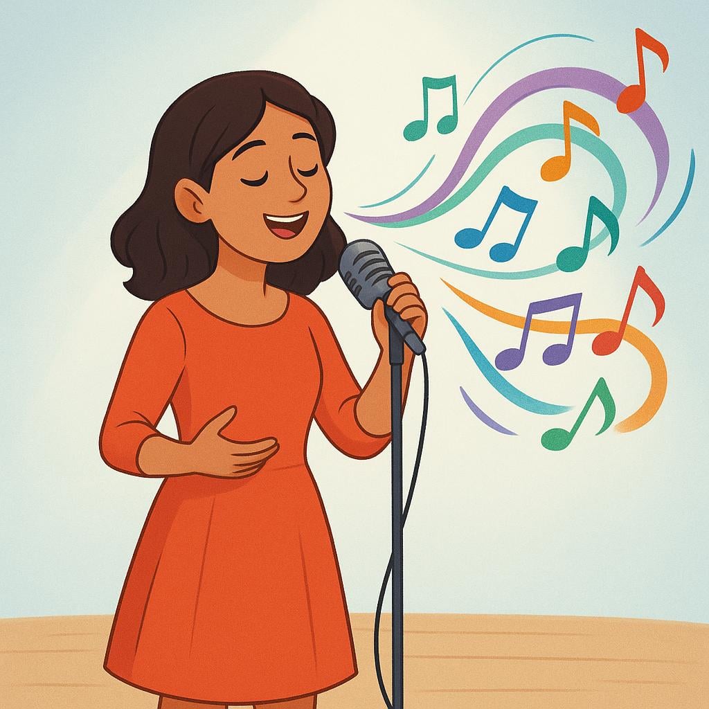 A woman standing on a simple stage singing into a microphone, with stylized, colorful musical notes flowing gracefully around her head, indicating she is singing well.