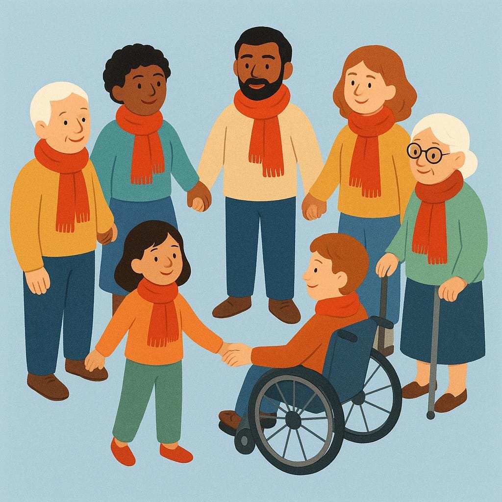 A group of people wearing matching red scarves and holding hands in a circle.