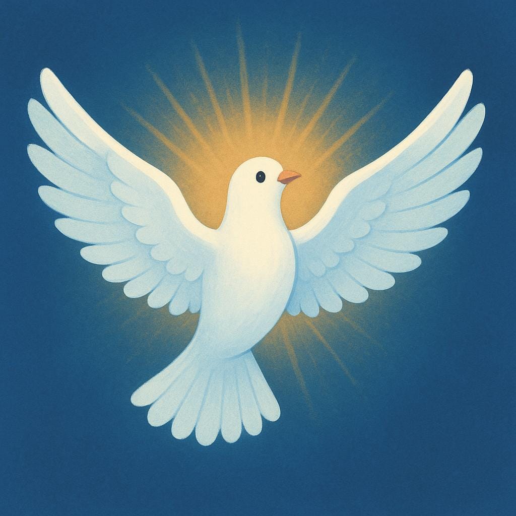 Uma ilustração simples de uma pomba branca voando para cima, rodeada por raios de luz dourada brilhantes e emanantes, representando santidade ou sacralidade.