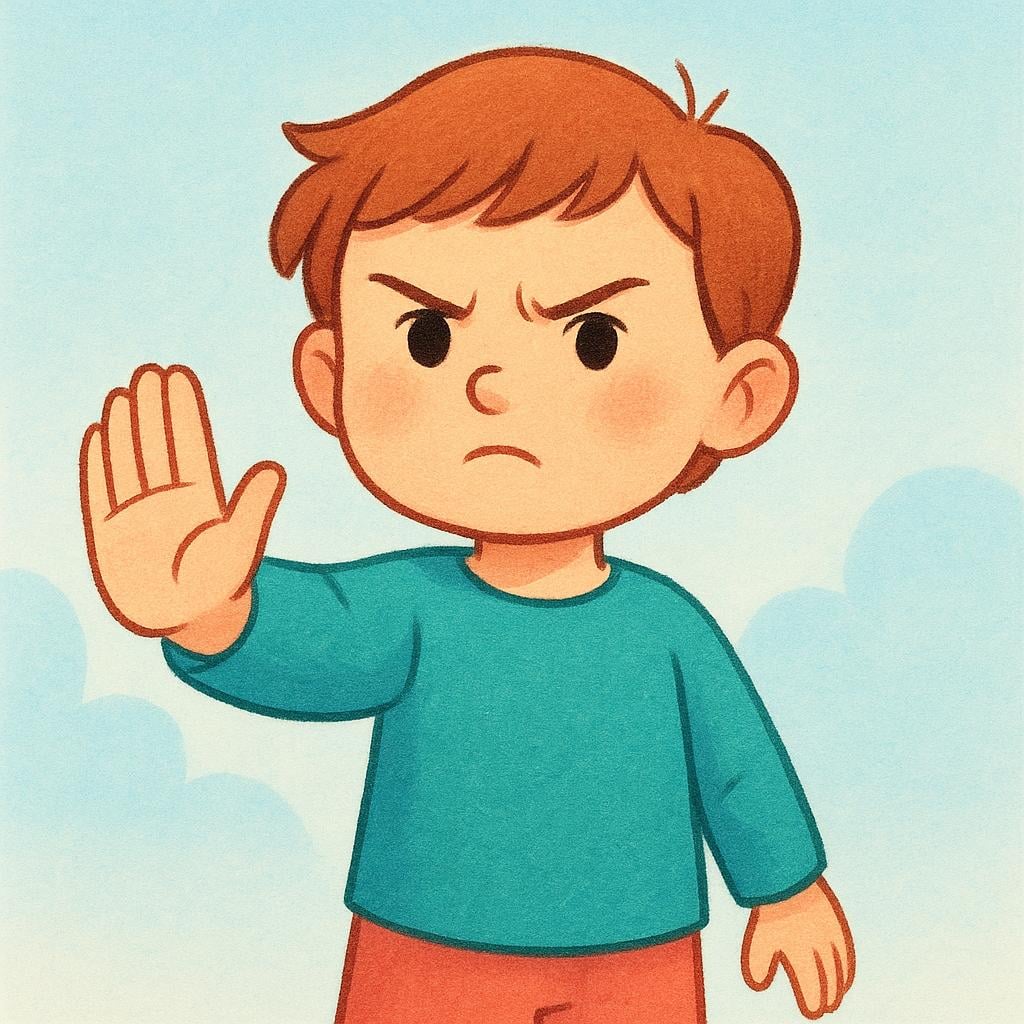 A young person shaking their head 'no' with a firm expression and one hand raised in a stopping gesture, clearly indicating denial.