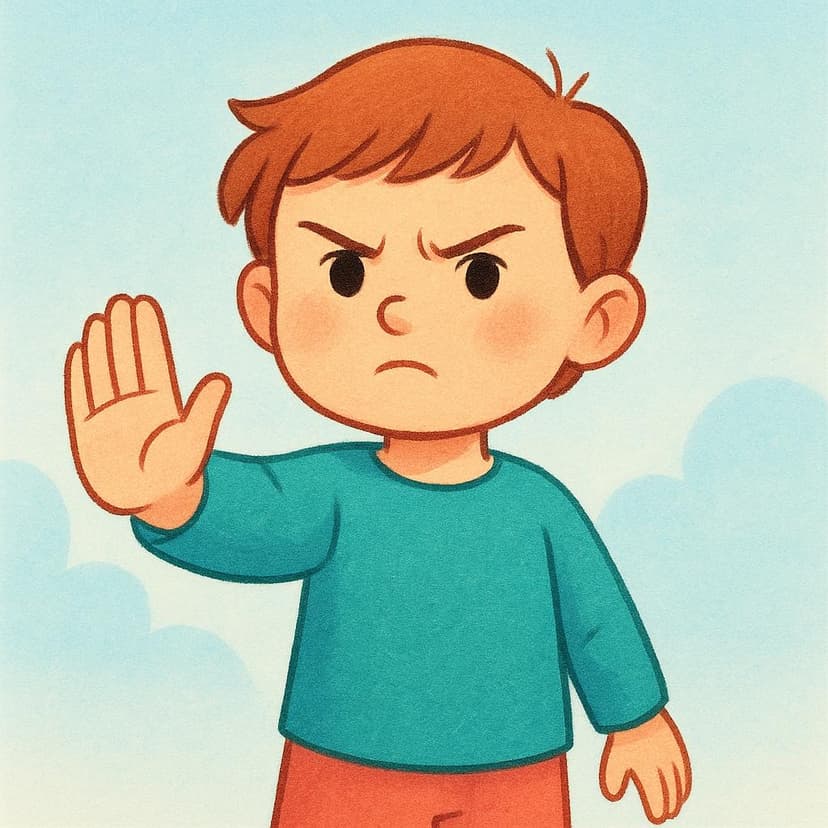 A young person shaking their head 'no' with a firm expression and one hand raised in a stopping gesture, clearly indicating denial.